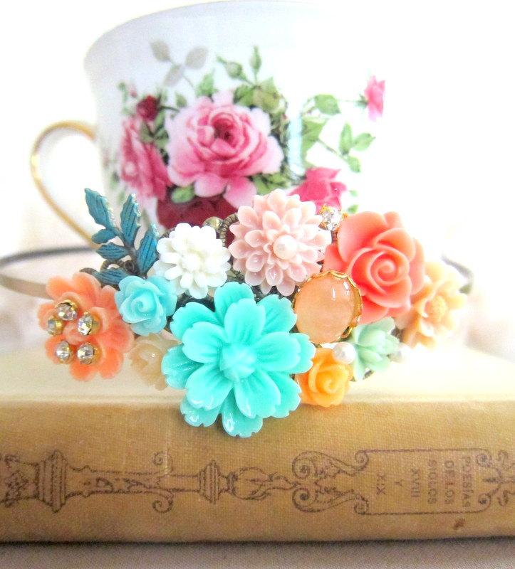 Hochzeit - Bridal Headband Fascinator Pink Coral Mint Green Peach Maid of Honor Hair Band Bridesmaid Gift Head Piece Floral Crown Flower Pastel Colors