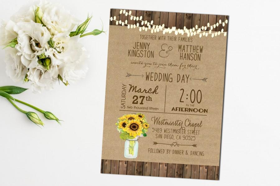Свадьба - Sunflower Wedding Invitation Mason Jar Rustic Sunflower Printable Wedding Digital File Country Barn Wood Hanging Lights_21