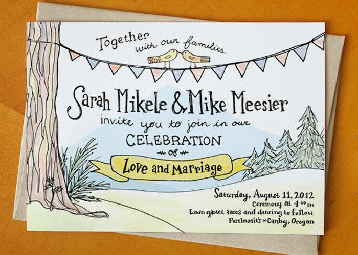 Hochzeit - Evergreen in Love: Painted Mountain Wedding Invitation  / Deposit