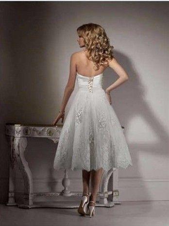Hochzeit - A Line Beading Tea Lenght Sweetheart Lace Wedding Dress