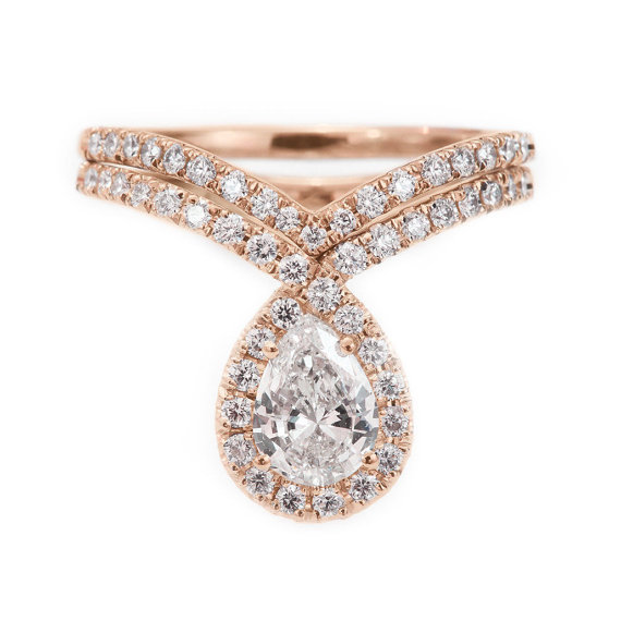 زفاف - Pear shaped diamond engagement "bliss" ring with matching diamond wedding ring - pear shaped diamond engagement ring set