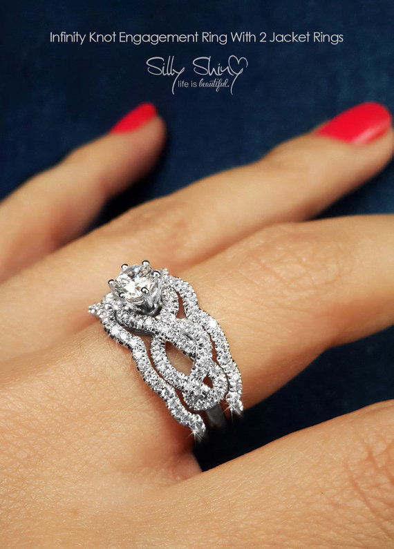 Wedding - Infinity Engagement Rings - Infinity knot Engagement Ring With 2 Matching Diamond Bands - Wedding Ring Set- Unique Engagement Ring