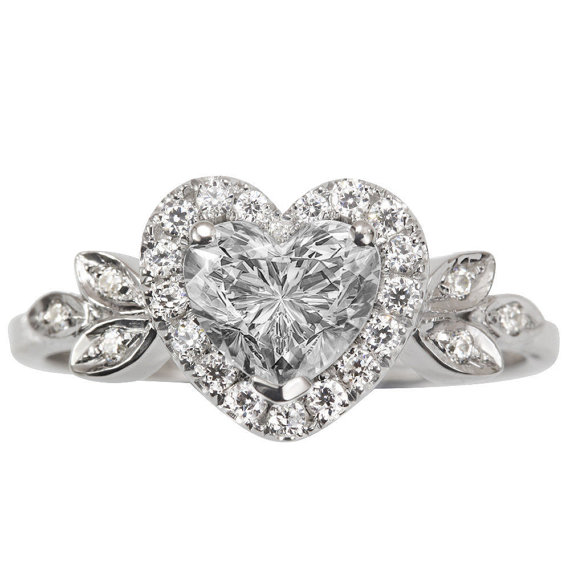 Wedding - Love Ring, Diamond Heart Ring, 14K White Gold Ring, Unique Engagement Ring, 0.9 CT Diamond Ring, Art Deco Ring, Halo Ring