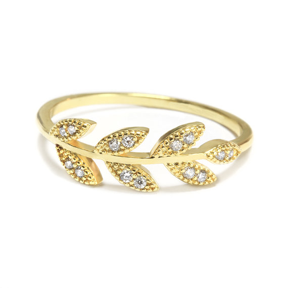 زفاف - Leaves Branch Wedding Band, Art Nouveau Ring, Solid 14K Gold Ring, Pave Diamond Ring, Leaf Ring, Stackable Wedding Rings, Twig Gold Ring