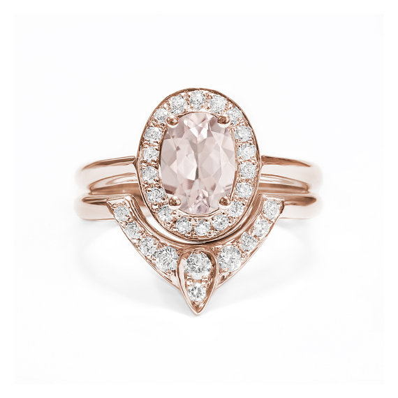 زفاف - Engagement Ring Oval Morganite The 3rd eye with Matching Side Diamond Band - Bridal Wedding Rings Set