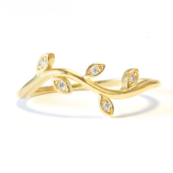 Wedding - Mini Leaf Branch Wedding Band, Art Nouveau Ring, Solid 14K Gold Ring, Pave Diamond Ring, Leaf Ring, Stackable Wedding Rings, Twig Gold Ring