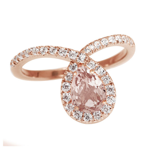 Hochzeit - Rose Gold Morganite Engagement Ring, Halo Ring, Pear Shaped Ring, 14K Rose Gold Ring, Art Deco Ring, Unique Engagement Ring