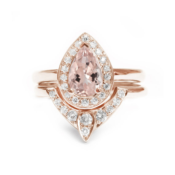 زفاف - Pear Morganite Engagement Ring with Matching Side Diamond Band - The 3rd Eye , Engagement and Wedding Ring Set