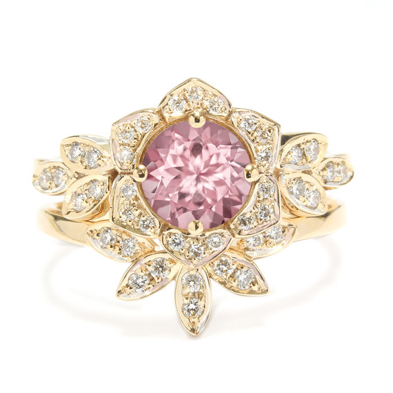 زفاف - Tourmaline Engagement Ring and Wedding Ring Set, Vintage Lily Ring, Unique Engagement Ring, Leaf Ring, Flower Ring, Tourmaline Ring