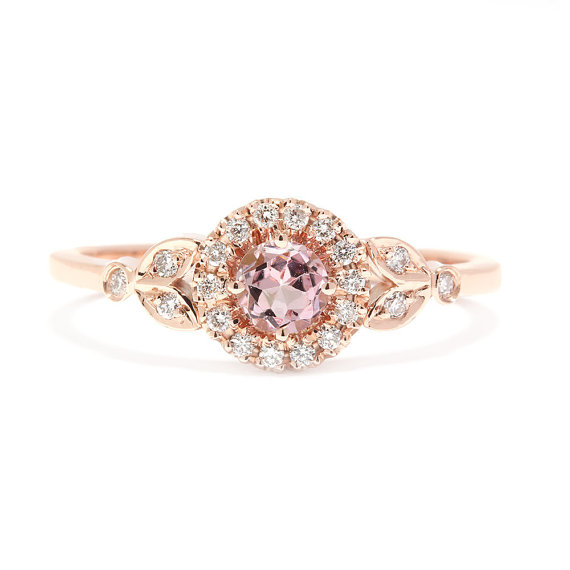 Wedding - Rose Gold Engagement Ring, Pink Tourmaline Ring, Cluster Ring, Vintage Rings, Leaf Ring, Art Deco Ring, Unique Engagement Ring
