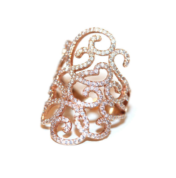 زفاف - Diamond Statement Ring "Jasmin" Lace Diamond Ring. pink gold diamond ring, unique engagement ring, Art Nouveau, rose gold, HANDMAD