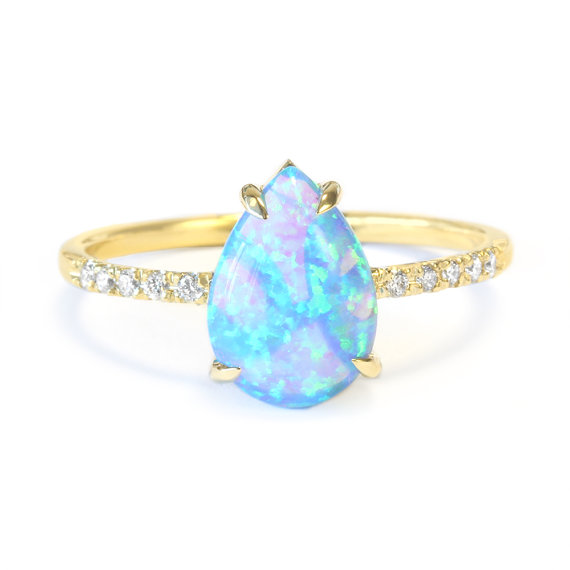 زفاف - Pear Shaped Opal Diamond Engagement Ring, 14K Rose, Halo Ring, Unique Engagement Ring, Delicate Ring