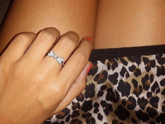 زفاف - Dainty Hearts Diamond Ring- Dainty Bow Diamond Ring, 14K solid Gold , White Diamonds- Promise Ring, Birthday Ring, Cute Engagement Ring