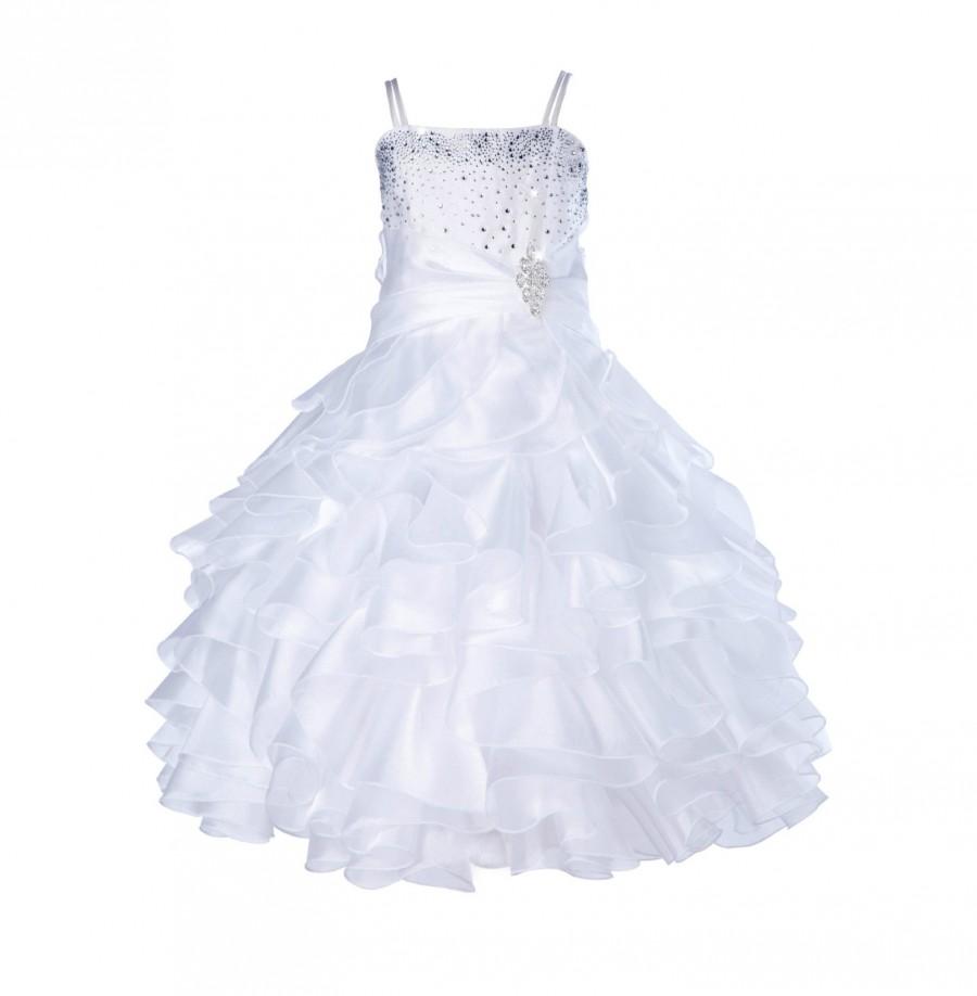 Wedding - Elegant Stunning Rhinestone white Organza Pleated Ruffled Flower girl dress wedding communion toddler size 4 6 8 10 12 14 16 