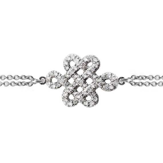 Hochzeit - Endless Knot Diamond Bracelet Tibetan symbol of endless love, Endless Love Knot, 14K gold bracelet, 0.25 CT diamonds