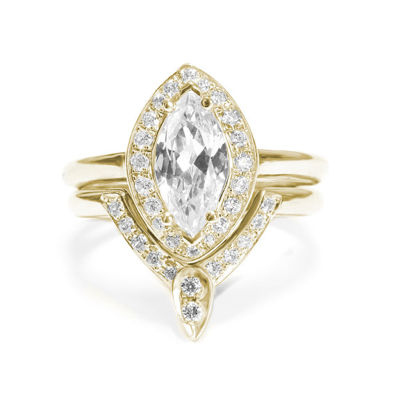 Wedding - Marquise Diamond Engagement Ring with Matching Side Diamond Band - The 3rd Eye