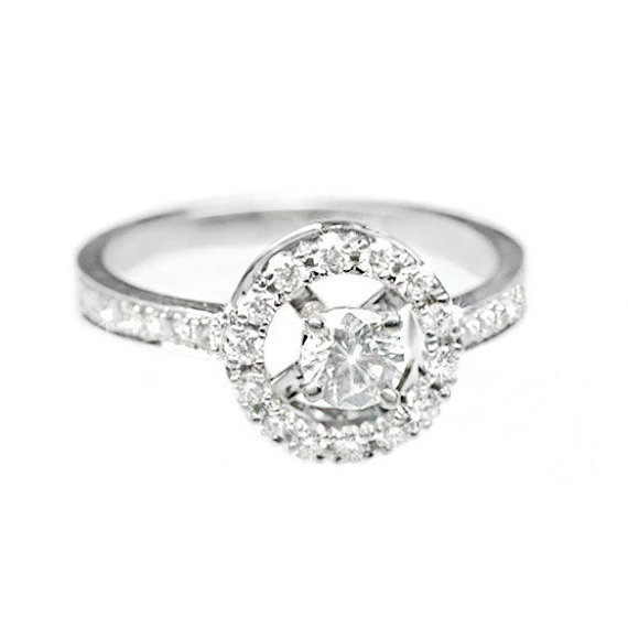 Wedding - Halo Engagement Ring, 14K White Gold Ring, 0.65 CT Pave Diamond Ring, Halo Ring, Unique Engagement Ring, Art Deco Ring