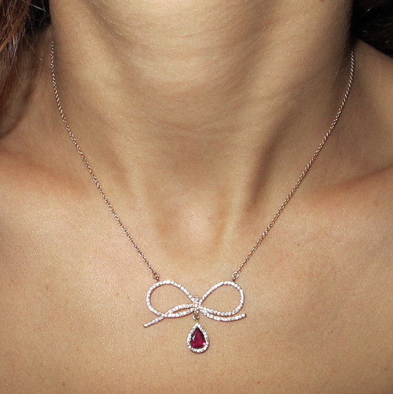Wedding - Natural Red Ruby Pendant Necklace, Bow Necklace, White Gold Necklace, Diamond Necklace, Solid Gold Pendant, Ruby Necklace