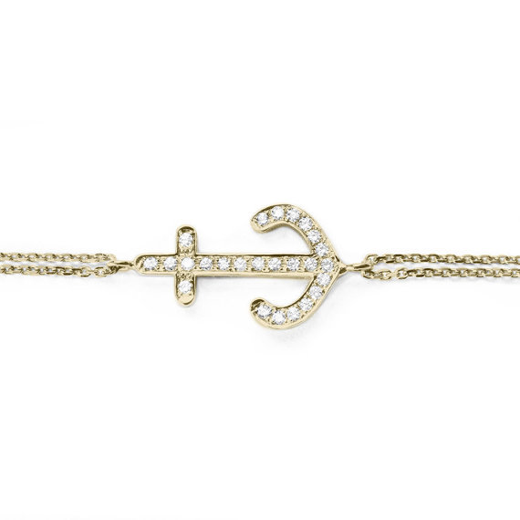 زفاف - Diamond Anchor Pendant Braclet14k solid gold - Nautical jewelry - Navy diamond bracelet