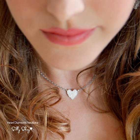 Wedding - Heart Necklace, Natural Diamond Necklace, 14K White Gold Necklace, Diamond Pendant Necklace, Heart Pendant, Gold Pendant