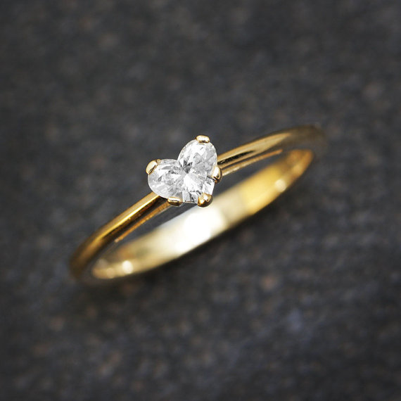 Wedding - Heart Diamond Ring, Solitaire Ring, 14K Gold Ring, 0.3 CT Diamond Ring, Delicate Ring, Unique Engagement Ring, Heart Ring