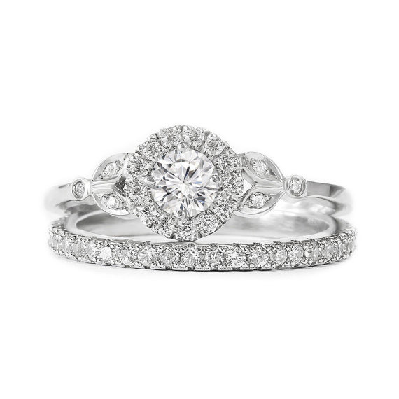 زفاف - Rome Crown Unique Diamond Engagement Ring with Matching Pave Diamonds Ring - Diamond Wedding Ring set