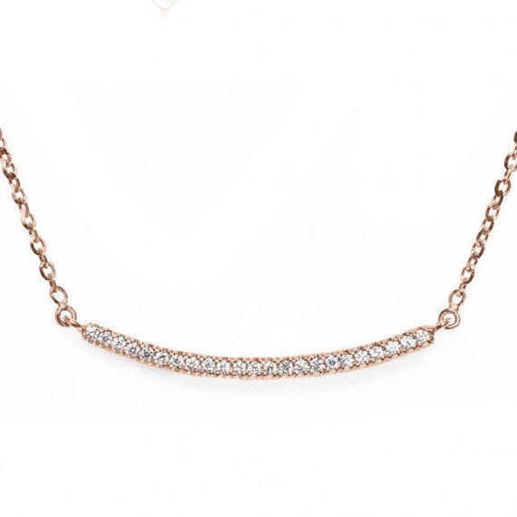 Hochzeit - Diamond Necklace, 14K Rose Gold Necklace, Gold Bar Necklace, Smile Necklace, Curved Bar Necklace, Diamond Bar Necklace