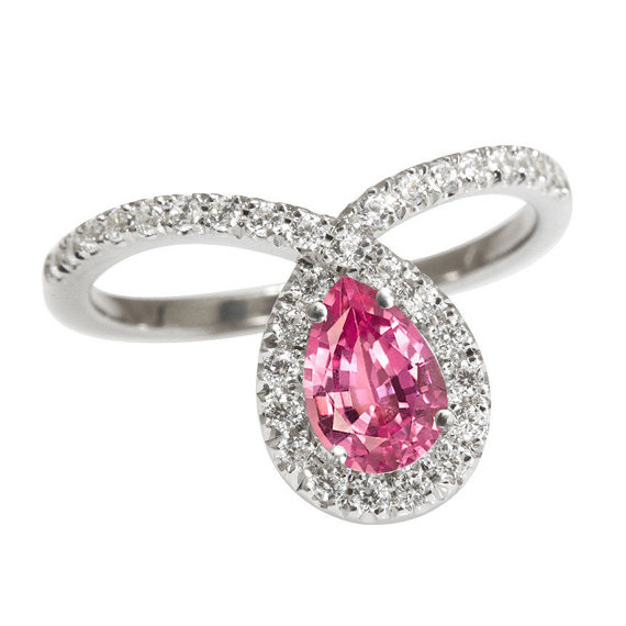 Wedding - Pink Pear Engagement Ring, 14K White Gold Ring, 0.4 CT Pave Diamond Ring, Pink Sapphire Ring, Unique Engagement Ring, Pear Shaped Ring
