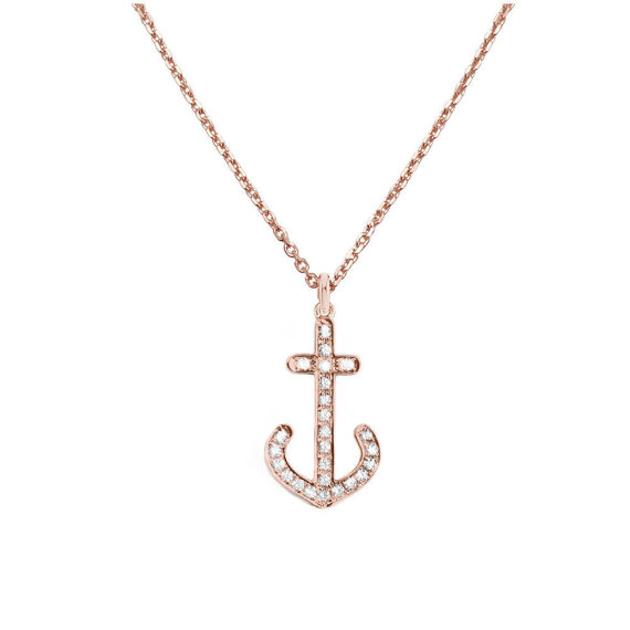 Wedding - Diamond Anchor Necklace, 14K Rose Gold Pendant Necklace, Anchor Jewelry, Diamond Pendant, Nautical Jewelry, Anniversary Gift