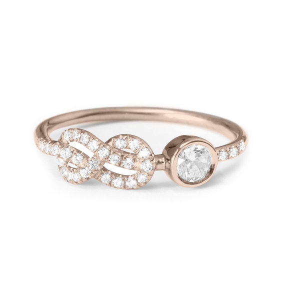 زفاف - Infinity Knot Ring, Unique Engagement Ring, 14K White Gold Ring, 0.3 CT Pave Diamond Ring, Cluster Ring, Thin Gold Ring