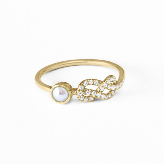 Wedding - Pearl Engagement Ring, Original Infinity Knot Ring, 14K/18K Gold Ring, Natural Pearl Ring, Cluster Ring, Pave Diamond Ring