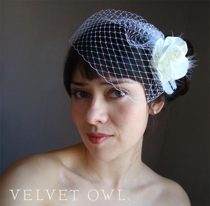 Wedding - Bridal clip or comb set Ivory satin budded rose fascinator and detachable French netting birdcage veil - ROSALIND SET