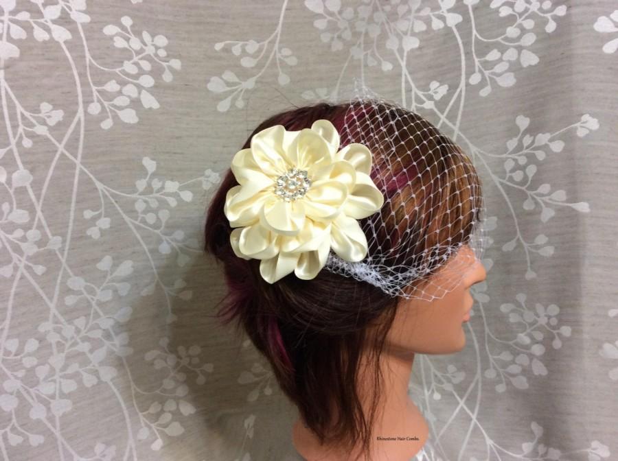 Wedding - Ivory Satin Rose with Rhinestones,  Wedding veil, Hair piece, Bridal head piece, Rhinestones birdcage fascinator