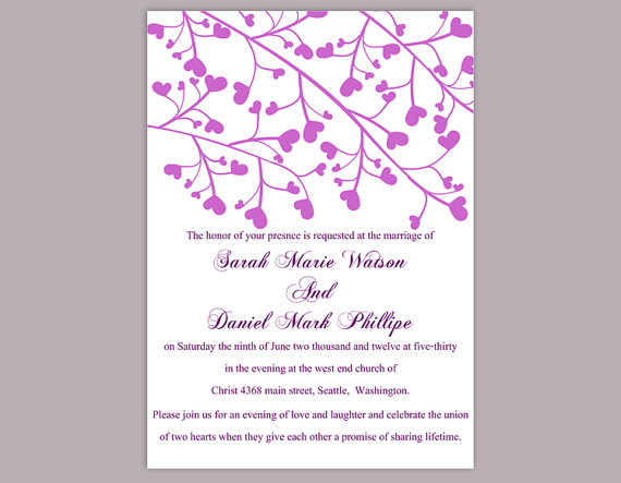 Hochzeit - DIY Wedding Invitation Template Editable Word File Instant Download Printable Purple Invitation Elegant Wedding Invitation Heart Invitation