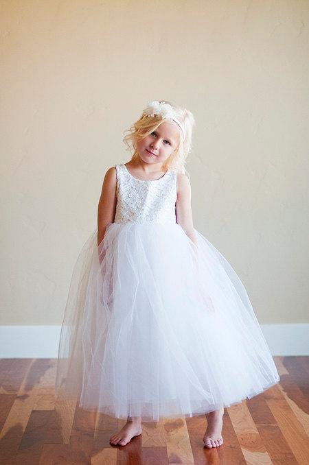 Wedding - Ivory lace flower girl dress, lace first communion dress in white