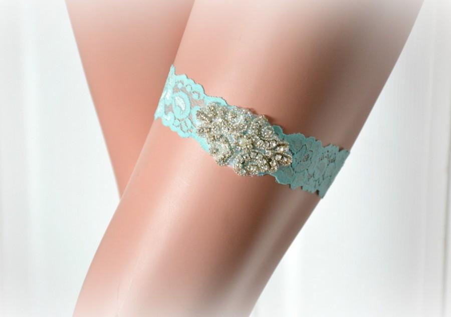 Hochzeit - Single Garter Aqua Blue Lace Prom Crystals Wedding Bridal Garters Spring Beach Summer Gift