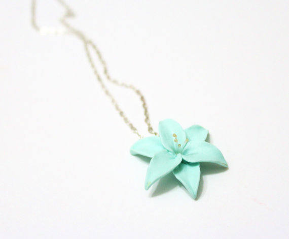 Wedding - Mint Lily flower necklace, delicate necklace for her gifts, Spring Jewelry, Wedding Jewelry Gift