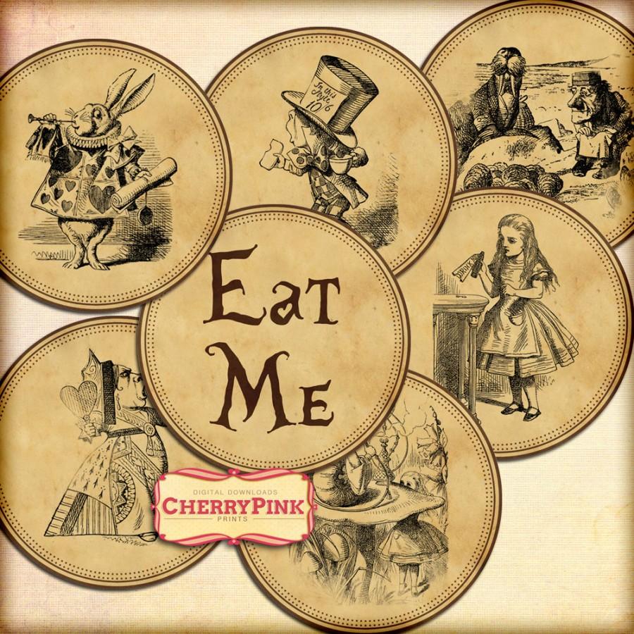 Hochzeit - Alice Cupcake Topper, sepia table decoration for a Wonderland party, digital download collage sheet, Eat me Topper