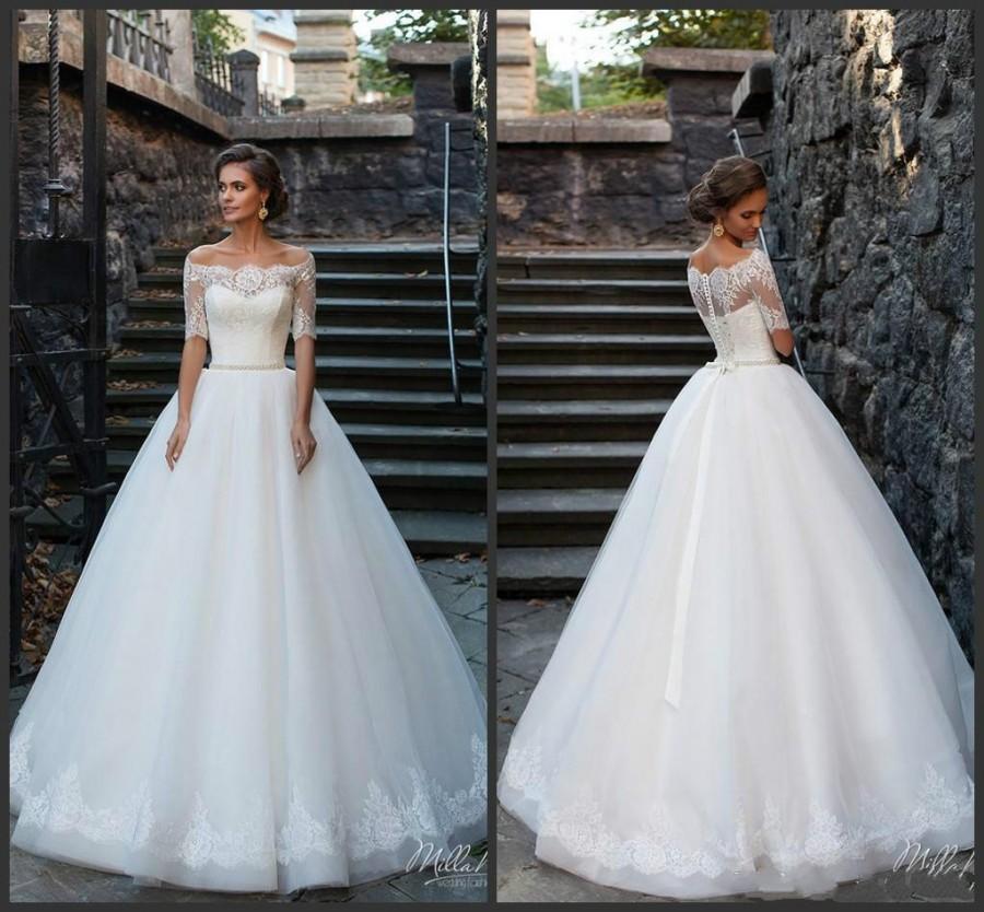 Hochzeit - Newest Off The Shoulder Lace Bodice Wedding Dresses 2016 Milla Nova Short Sleeves Ruched Tulle Applique Lace Ball Bridal Gowns Sweep Train Online with $105.93/Piece on Hjklp88's Store 