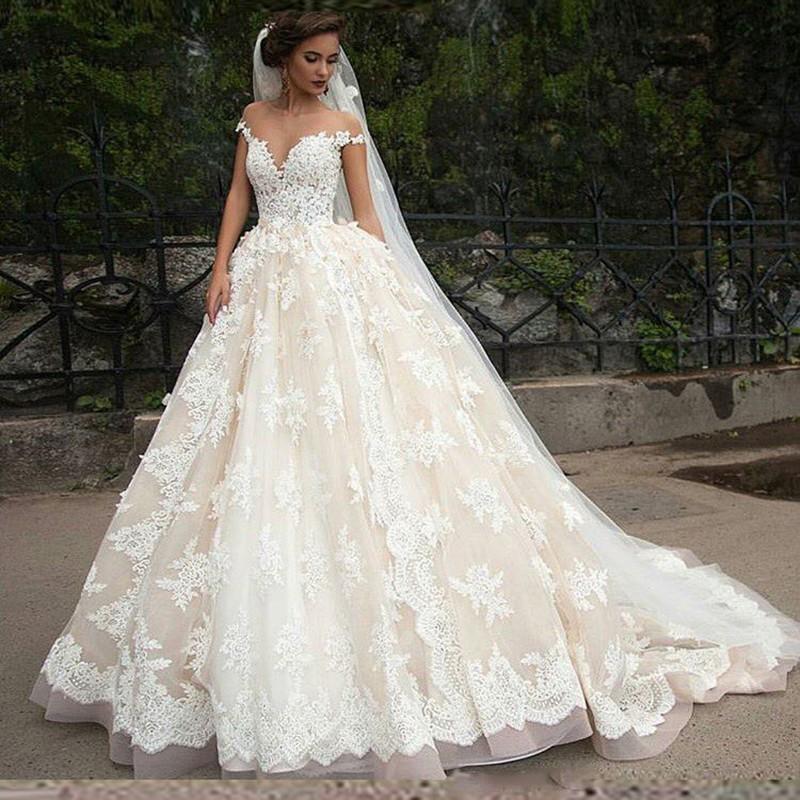 Hochzeit - Princess Full Lace Wedding Dresses 2016 Sheer Arbic Tulle A-Line Applique Capped Bridal Gowns Wedding Ball Cheap Chapel Train Custom Online with $119.08/Piece on Hjklp88's Store 