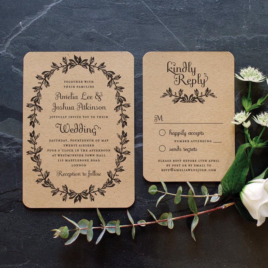 زفاف - Rustic Recycled Wedding Invitation / 'Vintage Wreath' Elegant Botanical Modern Vintage Invite  / Kraft Manilla Brown Card / ONE SAMPLE