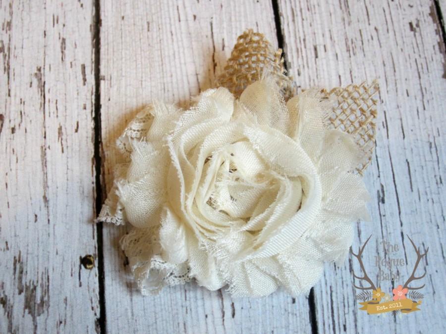 Mariage - Rustic Wedding Hair Clip - Burlap Lace & Chiffon - Alligator Clip - Wedding  Ivory cream