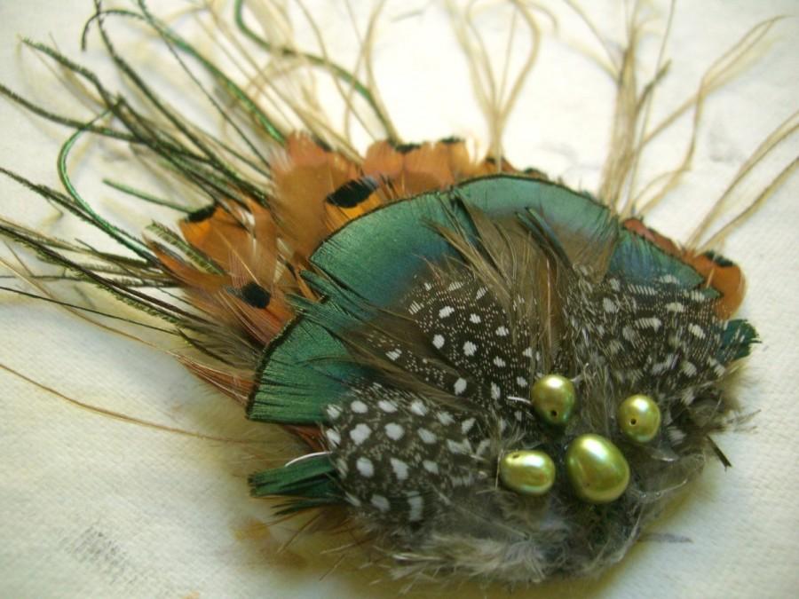 Mariage - Pheasant retro feather fascinator hairclip with freshwater pearl
