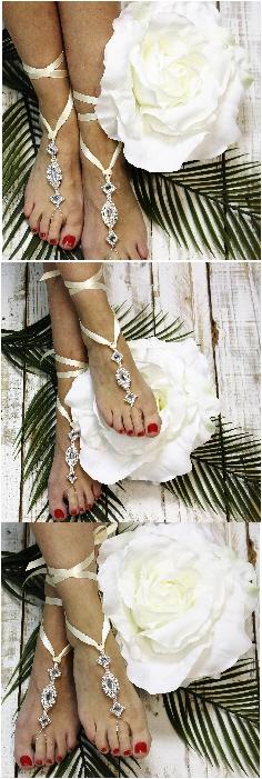 Wedding - barefoot sandals ribbon and rhinestones