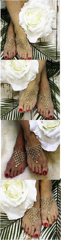 Hochzeit - Barefoot sandals gold rhinestones