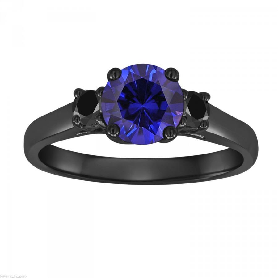 Wedding - Blue Sapphire & Fancy Black Diamond Three Stone Engagement Ring Vintage Style 14K Black Gold 1.28 Carat Birthstone Handmade