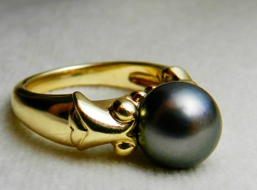 زفاف - Mikimoto Black Pearl Engagement Ring 9.7mm Tahitian Pearl Mikimoto Pearl Ring 18k yellow Gold Pearl Ring Black Pearl Ring