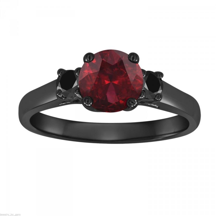 Wedding - Red Garnet & Fancy Black Diamond Three Stone Engagement Ring Vintage Style 14K Black Gold 1.28 Carat Birthstone Handmade