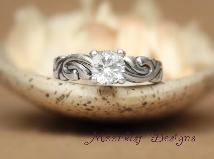 Wedding - White Sapphire Scroll Engagement Ring in Sterling - Silver Carved Swirl Solitaire Ring with One Carat Stone - Unique Engagement Ring