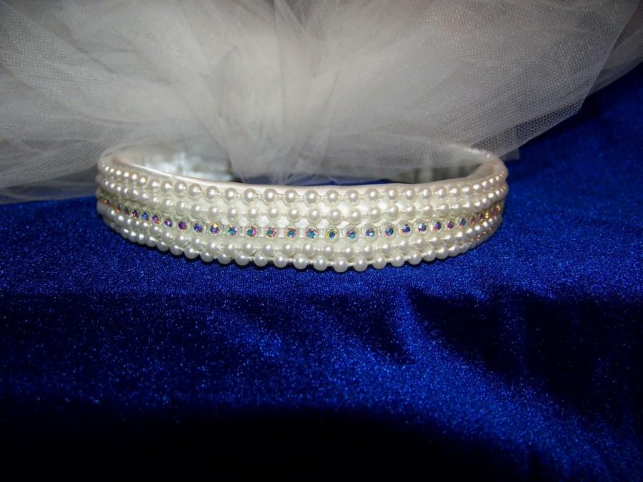 زفاف - Wedding Bridal headpiece custom designed crown .White satin covered wire frame with pearls and aurora crystals. Veil not included.